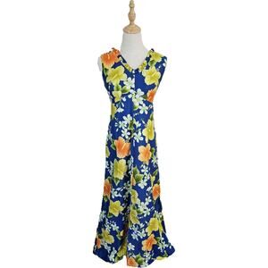 Vtg Hukilau Fashions Blue USA Aloha Hawaiian Empire Waist Dress Luau Hula Tiki S